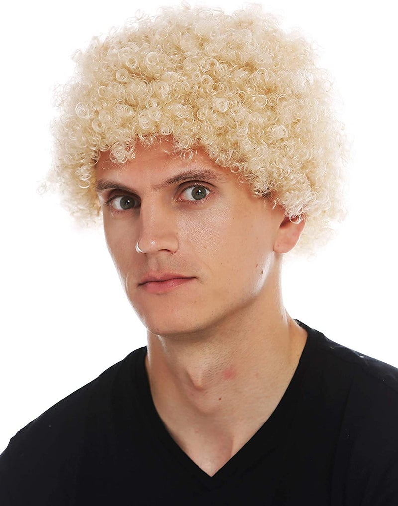 Blonde Afro Wig for Men Short Curly Halloween Disco Rock Wig Heat Resistant Synthetic Wigs with Wig Cap