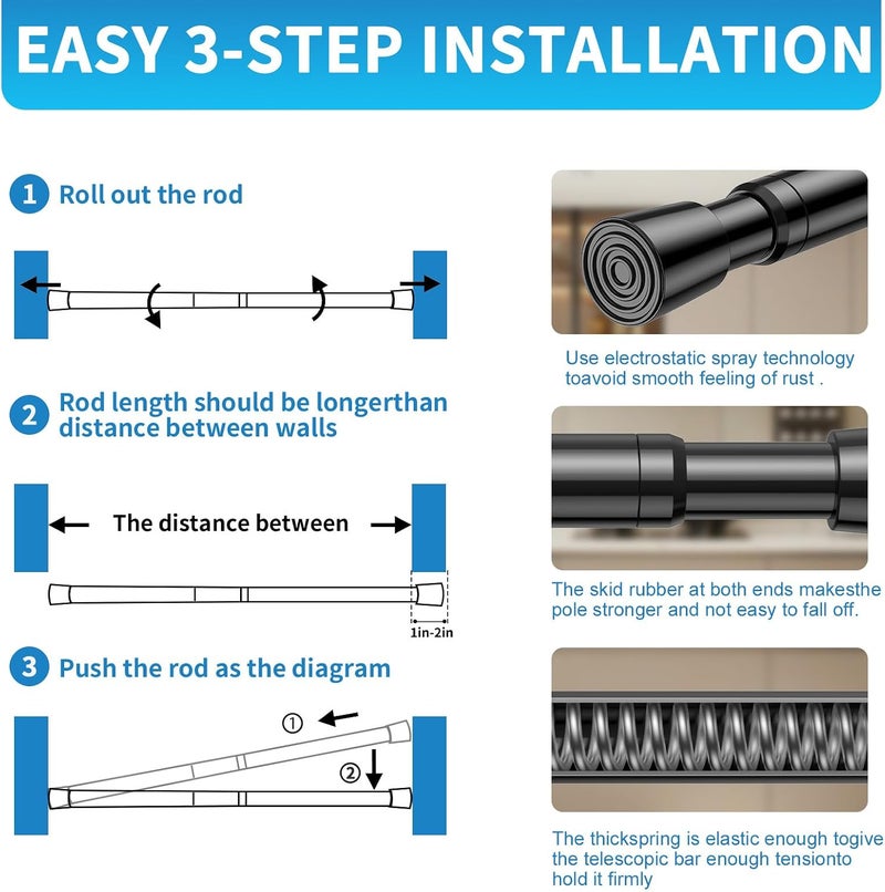 AIZESI 2 Pack Tension Rods for Windows 26.5 to 36 inch, Adjustable Expandable Pressure Spring Curtain Rods No Drilling, Black Curtain Rods for Doorway Closet Door - Image 5