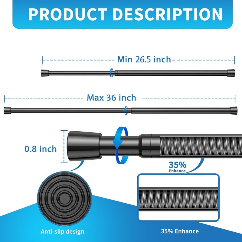 AIZESI 2 Pack Tension Rods for Windows 26.5 to 36 inch, Adjustable Expandable Pressure Spring Curtain Rods No Drilling, Black Curtain Rods for Doorway Closet Door - Image 4