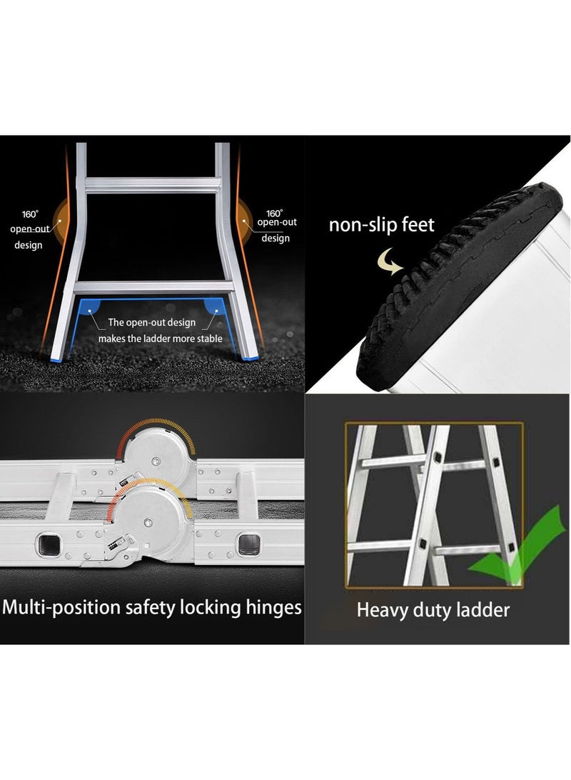 SUNRISE Folding Ladder Multipurpose Aluminum Extension Ladder 7 in 1 Step Ladder Folding Adjustable Telescoping Heavy Duty Scaffold Open Out Design 4*5 Steps - Image 4