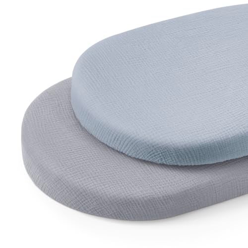 Blissful Diary Muslin Bassinet Sheets for Baby Girls Boys Boho Soft Cotton Fitted for Oval Hourglass Rectangle Mattress 2 PackLight BlueGrey - Image 1