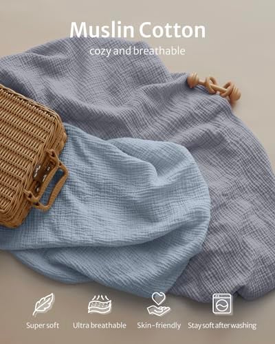 Blissful Diary Muslin Bassinet Sheets for Baby Girls Boys Boho Soft Cotton Fitted for Oval Hourglass Rectangle Mattress 2 PackLight BlueGrey - Image 3