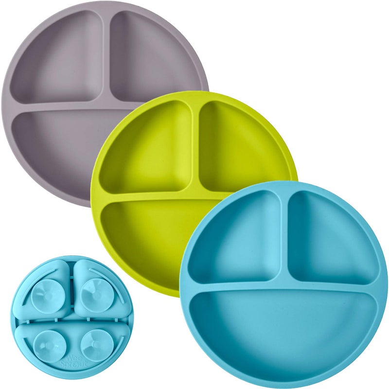 WeeSprout Suction Plates for Babies & Toddlers - 100% Silicone, Dinnerware Stays Put, Divided Design for Picky Eaters, Microwave & Dishwasher Friendly, 3 Pack - Image 1
