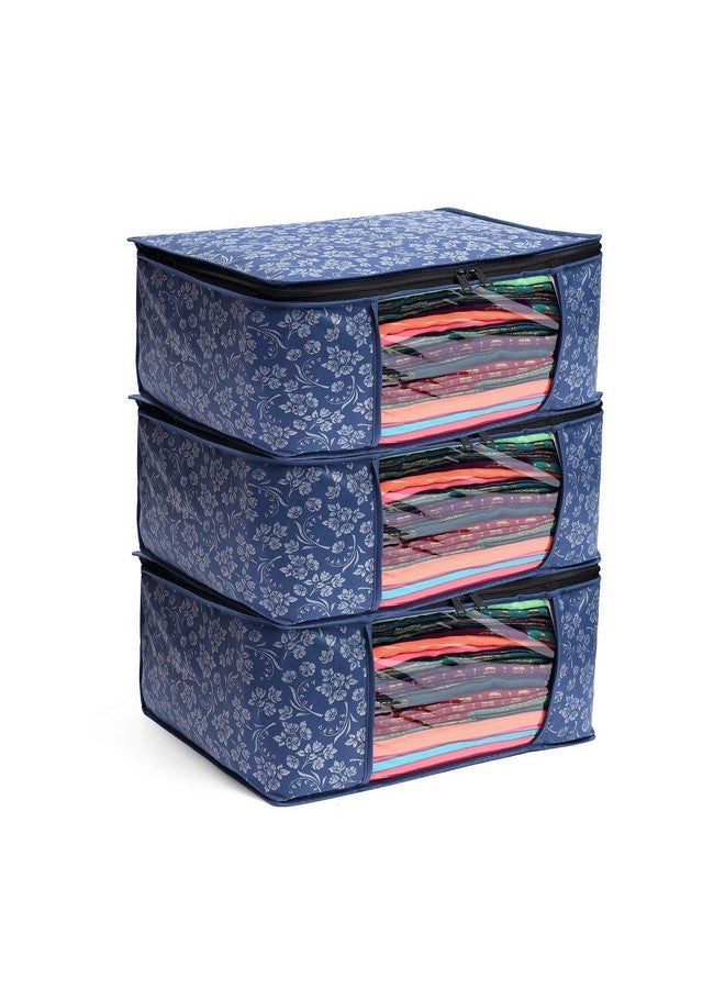LAXIS HOMFIL Brand - LAXIS Saree Covers With Zip Non-Woven Printed Saree Cover/Saree Organizer For Wardrobe/Cloth Storage With Transparent Window/Saree Bags Storage/Clothes Organizer (Blue- Pack of 3) - Image 1