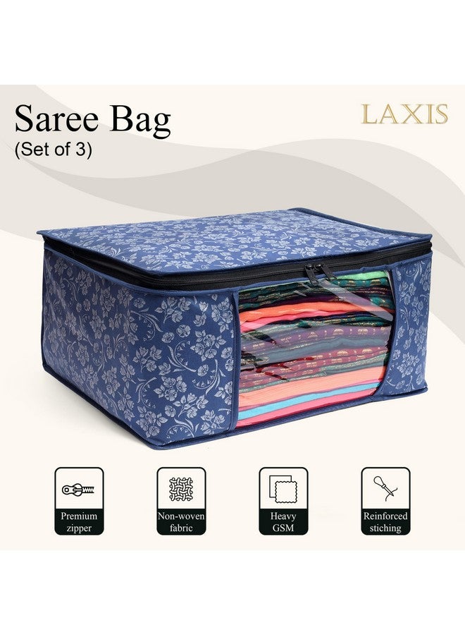 LAXIS HOMFIL Brand - LAXIS Saree Covers With Zip Non-Woven Printed Saree Cover/Saree Organizer For Wardrobe/Cloth Storage With Transparent Window/Saree Bags Storage/Clothes Organizer (Blue- Pack of 3) - Image 3