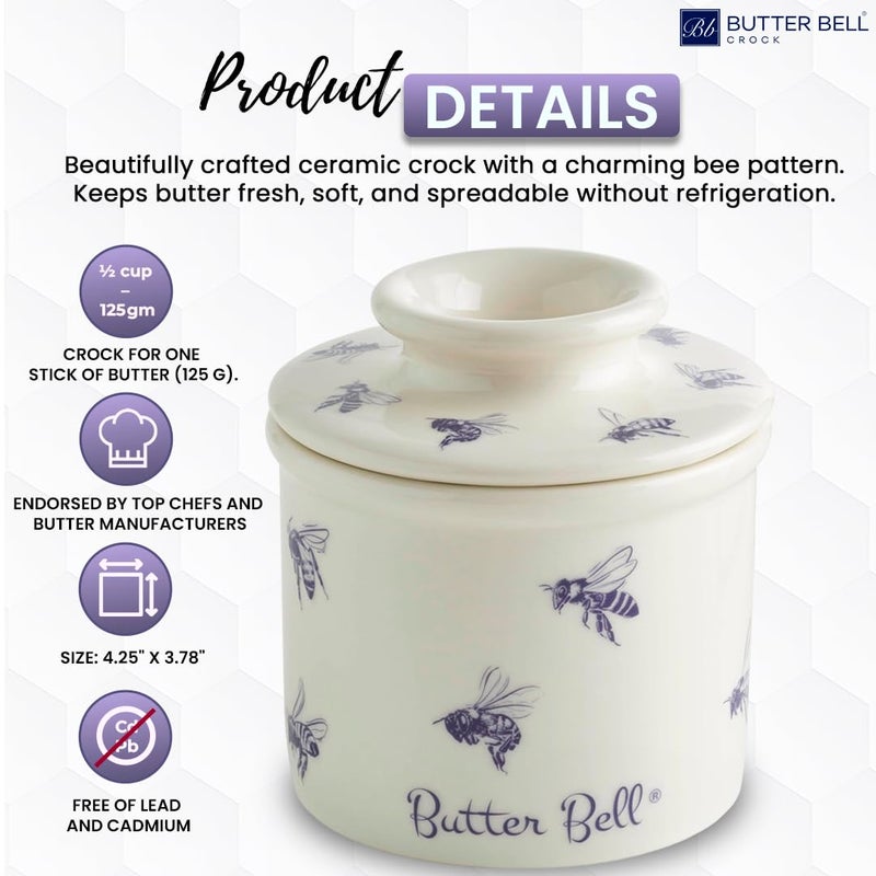 Butter Bell - The Original Butter Bell crock by L Tremain, a Countertop French Ceramic Butter Dish Keeper with Lid for Spreadable Butter, Farmhouse Collection, Honey Bees, Blue & White - Image 5