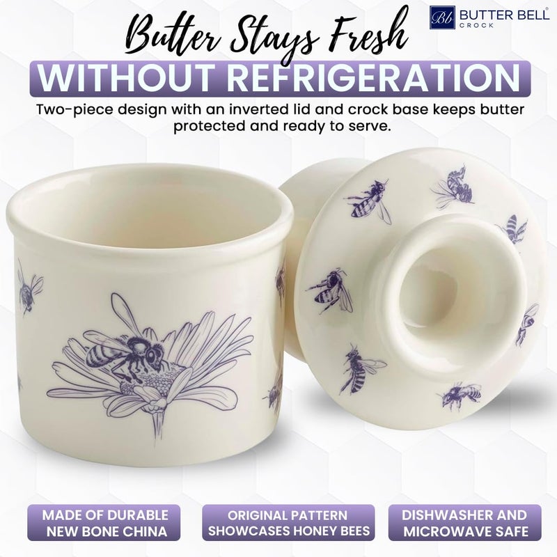 Butter Bell - The Original Butter Bell crock by L Tremain, a Countertop French Ceramic Butter Dish Keeper with Lid for Spreadable Butter, Farmhouse Collection, Honey Bees, Blue & White - Image 4