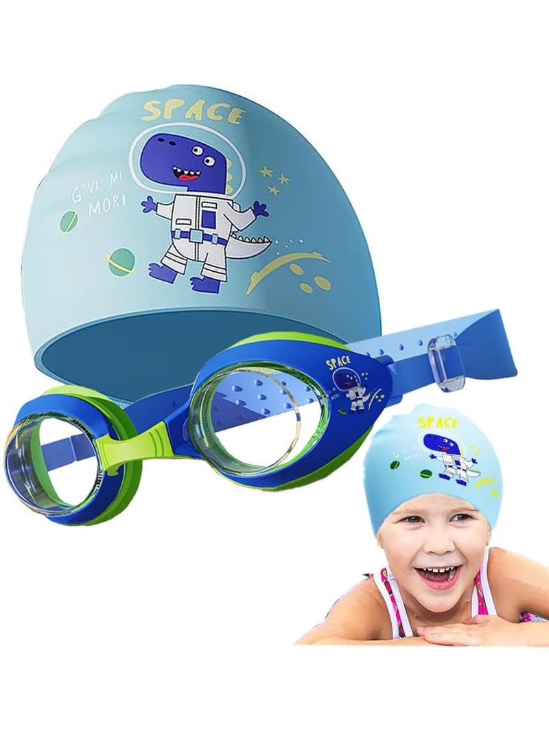 VUCATIN Kids Swimming Caps Swimming Hat for Girls Kids Waterproof Bathing Swim Cap Anti Fog UV Protection Goggles for Kids Toddlers Children Boys (Dinosaur) - Image 1