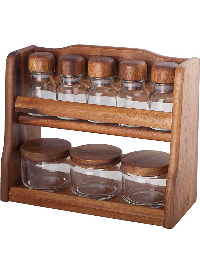 BILLI 5 Pcs Spice Bottles And 3 Pcs Canister Set With Wooden Lid And Rack Aca Og55 3 Sp5 - Image 1
