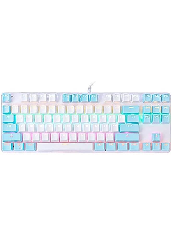 Portable Advanced Keyboard for Notebook Computer, K100 87 Keys USB Backlight Green Shaft Office Home Gaming Mechanical Keyboard - White Blue  - Image 1
