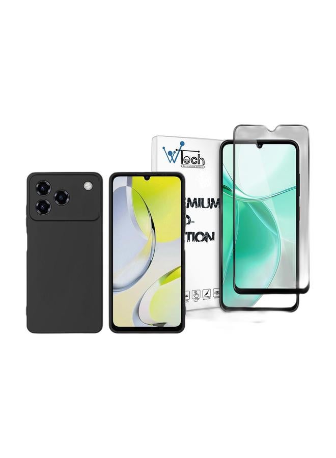 Wtech ZTE Blade A76 4G 2025 Premium Soft Liquid Silicone Case Cover (MCRPSN) - Black & ZTE Blade A35 4G 2024 / ZTE Blade A55 4G 2024 / ZTE Blade A36 4G 2025 / ZTE Blade A76 5G 2025 Premium E2E Series Full Glue Full Cover Tempered Glass Screen Protector (MSGECN) - Clear/Black Bundle - Image 1