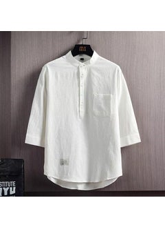 Casual Cotton Linen Shirt Mens Stand Collar Loose Fit Seven-Quarter Sleeve Outerwear Pure Color Polyester Fiber Spring Season White (high quality)