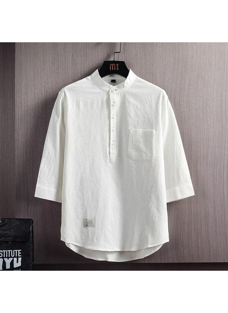Generic - Casual Cotton Linen Shirt Mens Stand Collar Loose Fit Seven-Quarter Sleeve Outerwear Pure Color Polyester Fiber Spring Season White (high quality) - Image 1