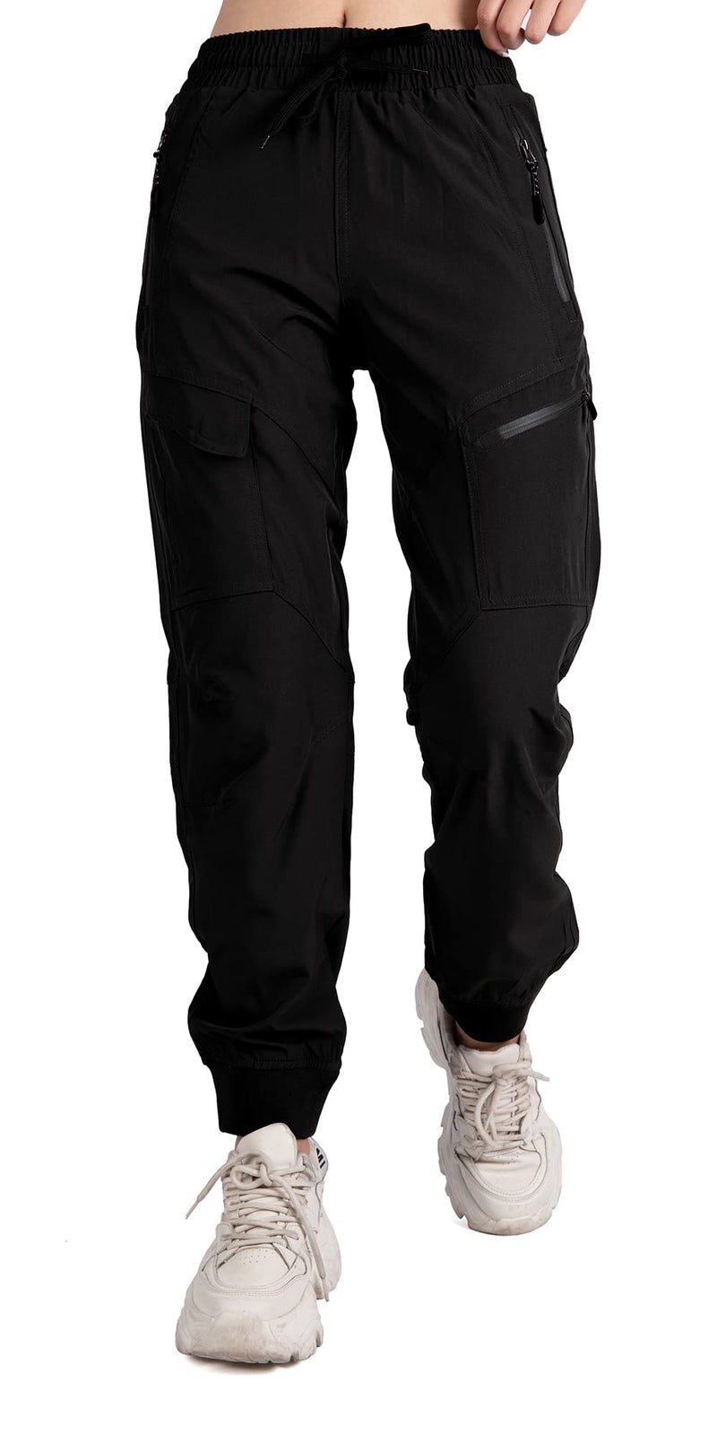 Singbring Women's Athletic Hiking Cargo Joggers Pants Outdoor Workout Lightweight Quick Dry UPF 50 Zipper Pockets (Black88-M) - Image 1