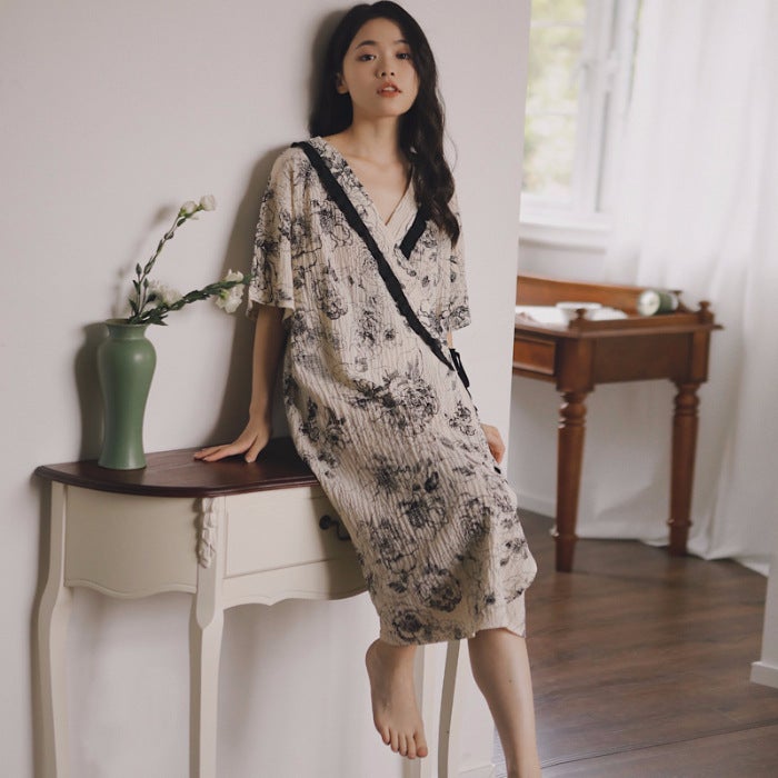 New Summer Short-sleeved Woven Bubble Wrinkle Pregnant Womens Nursing Nightdress 92037# 