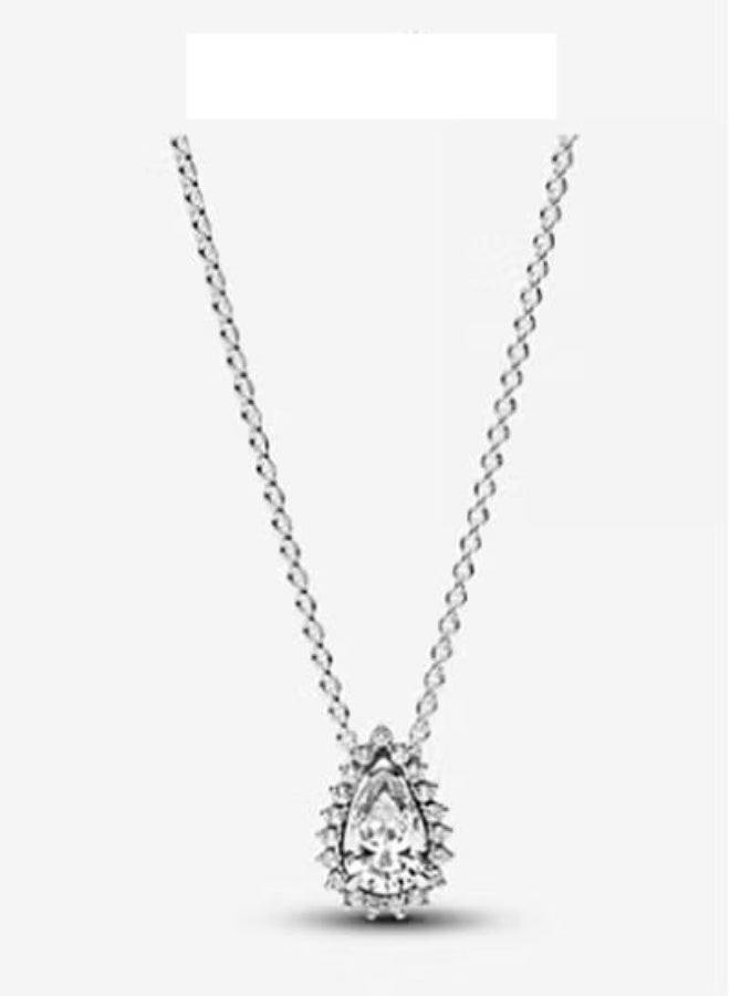 Pear Shape Teardrop Halo Crystal Silver Necklace