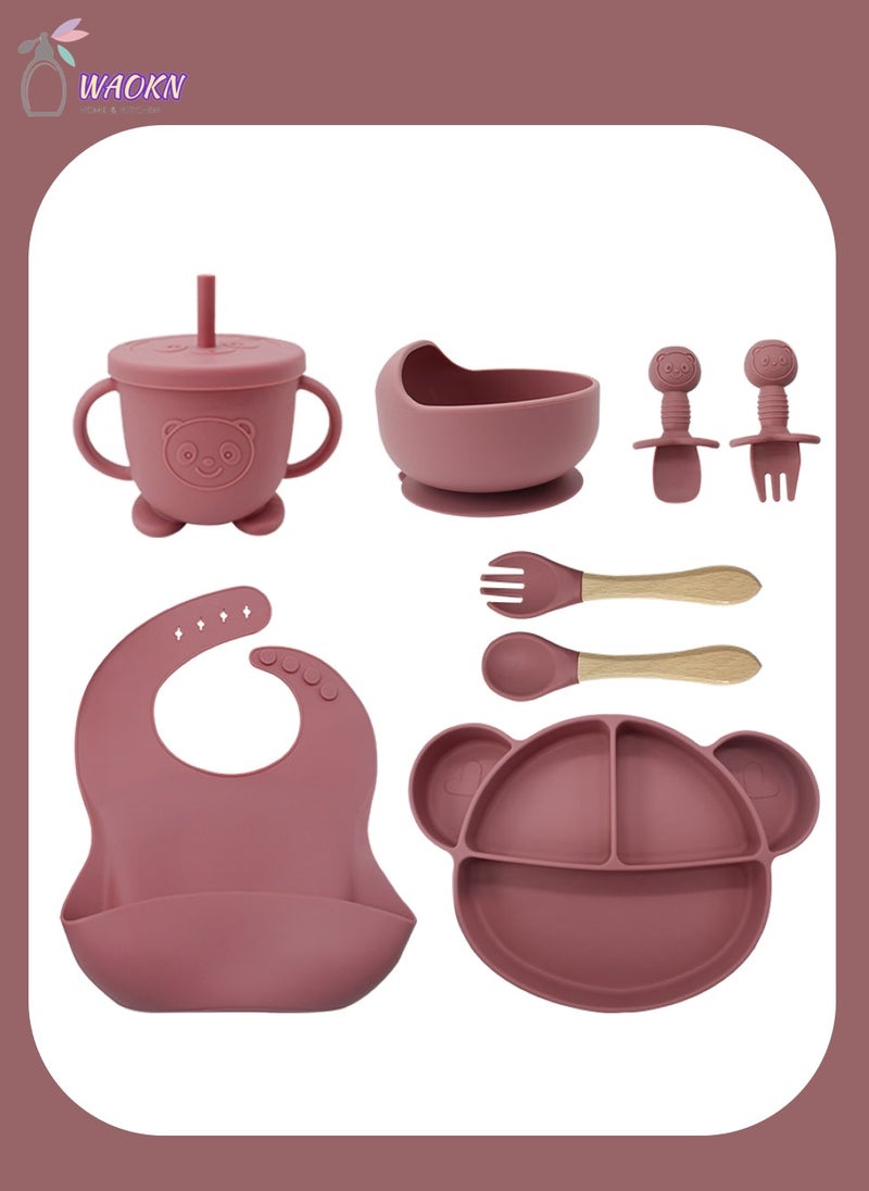 WAOKN 8Pcs Baby Silicone Tableware Set Special For Infants To Eat Their Own Training Tableware Set Including Complementary Food Bowl Sippy Cup Dinner Plate Bib Fork And Spoon(Dark Red)  - Image 1