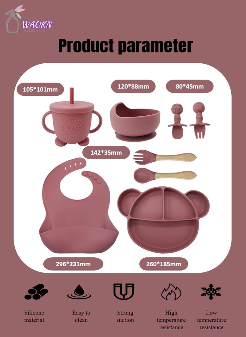 WAOKN 8Pcs Baby Silicone Tableware Set Special For Infants To Eat Their Own Training Tableware Set Including Complementary Food Bowl Sippy Cup Dinner Plate Bib Fork And Spoon(Dark Red)  - Image 2