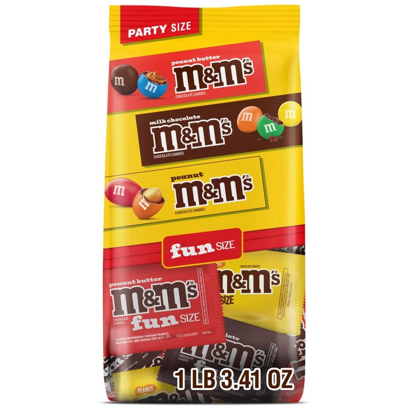 Mars M&M'S Fun Size Assorted Chocolate Candy Variety Pack, Milk Chocolate, Peanut & Peanut Butter, Party Size Bulk Candy Bags for Halloween, Party Favors, Offices, and More, 19.41 Oz - Image 1