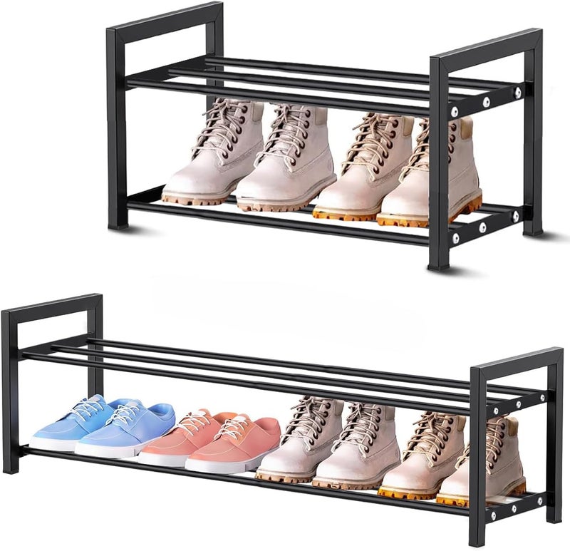 XiangLv Expandable Shoe Rack Small Shoe Storage Narrow Shoe Racks Metal Show Rack Slim Shoe Shelf for Entryway Wardrobes Small Space,Free Standing Extendable Adjustable Shoes Rack for Closet (Black, 2 Tier) - Image 1