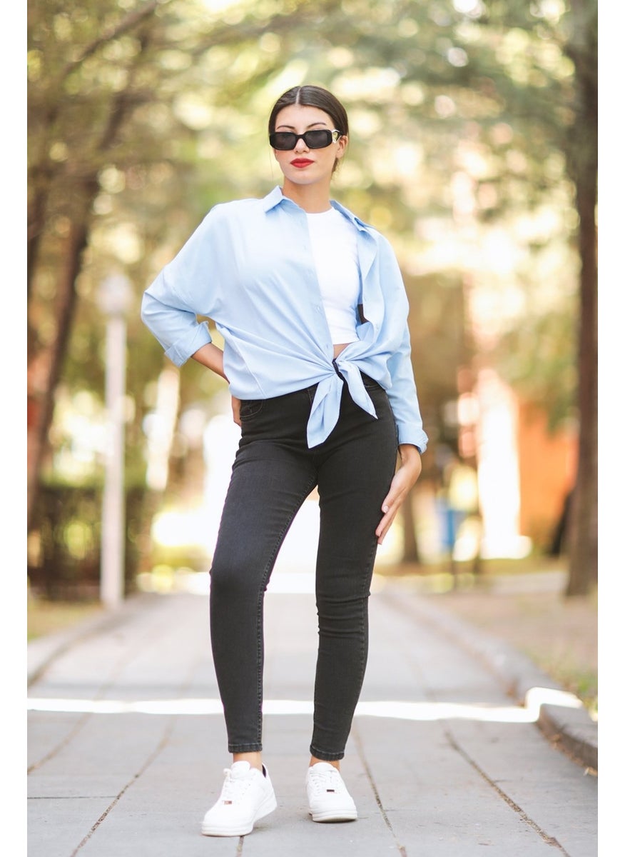 Giysa Ice Blue Women's Long Sleeve Oversize Basic Shirt 95% Cotton - 3900  - Image 5