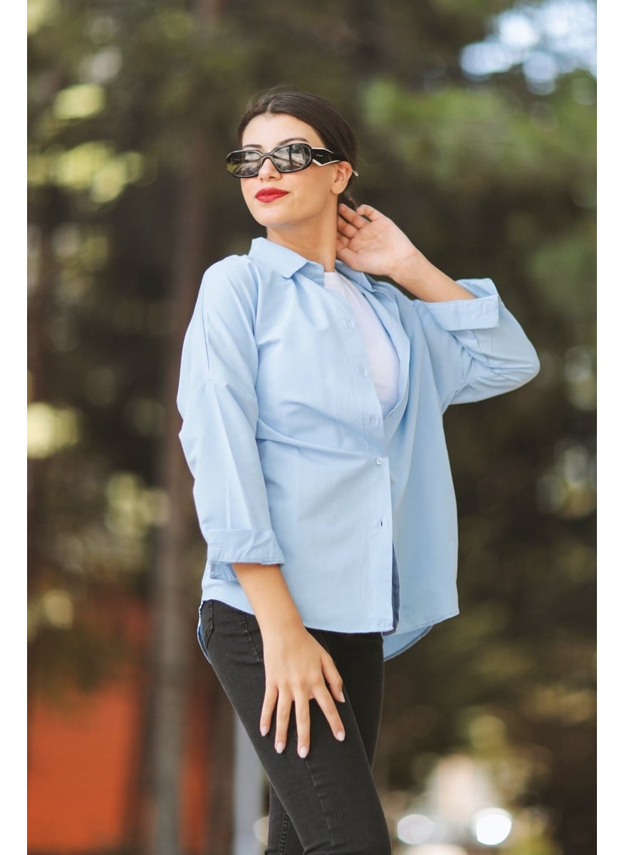 Giysa Ice Blue Women's Long Sleeve Oversize Basic Shirt 95% Cotton - 3900  - Image 1