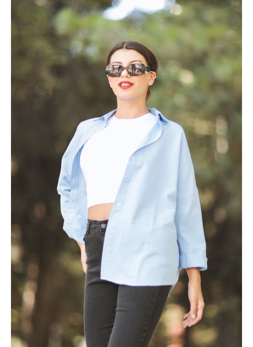 Giysa Ice Blue Women's Long Sleeve Oversize Basic Shirt 95% Cotton - 3900  - Image 2