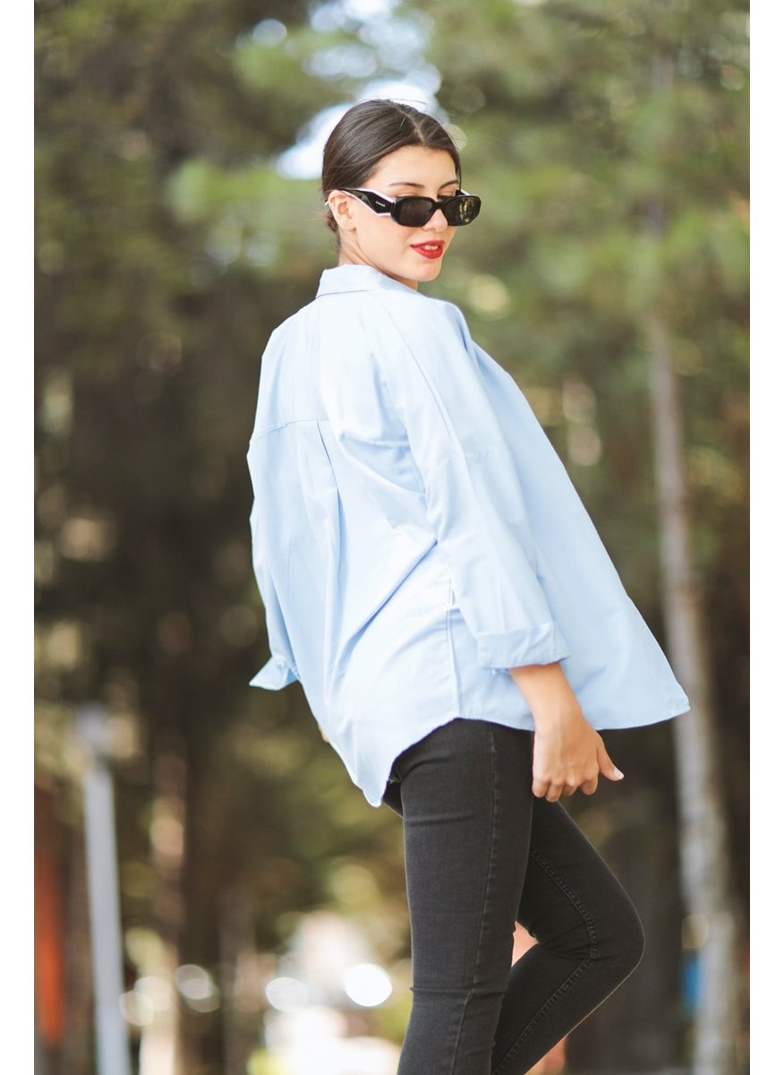 Giysa Ice Blue Women's Long Sleeve Oversize Basic Shirt 95% Cotton - 3900  - Image 4