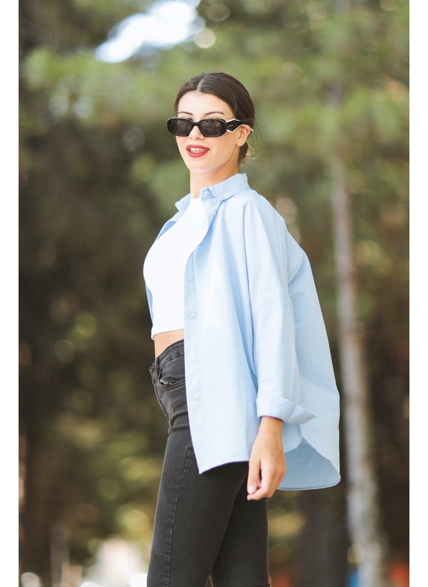 Giysa Ice Blue Women's Long Sleeve Oversize Basic Shirt 95% Cotton - 3900  - Image 3