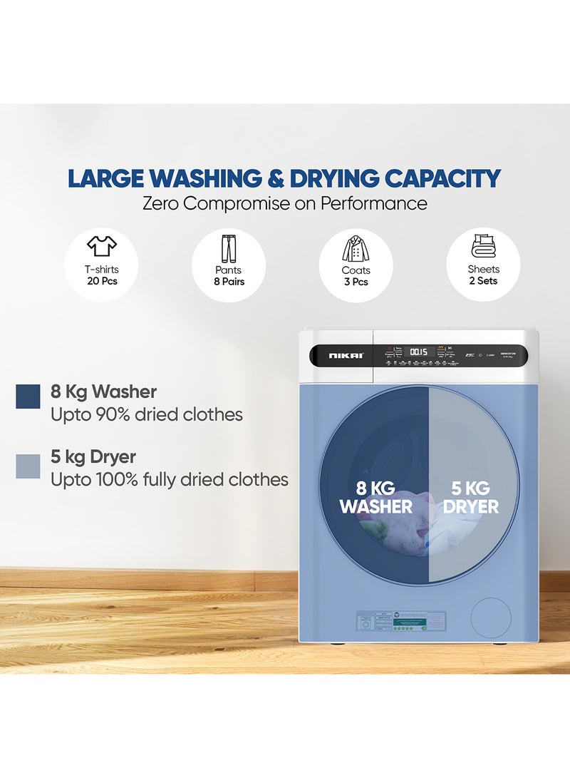 NIKAI 8/5 Premium Combo Washer Dryer With 18 Programs,Digital Panel Fully Automatic 8kg Washing Machine With 5KG 100% Dryer,  One Touch Washing Program, Child Safety Lock 8 kg 2000 W NWM805FDW White - Image 5