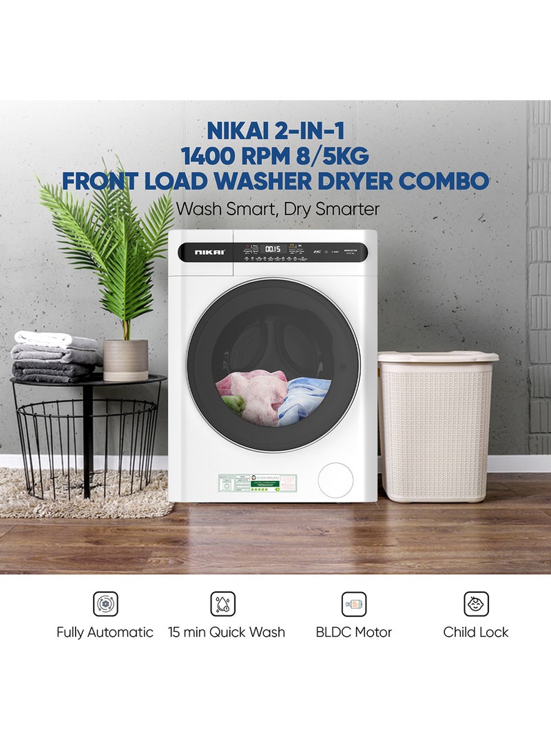 NIKAI 8/5 Premium Combo Washer Dryer With 18 Programs,Digital Panel Fully Automatic 8kg Washing Machine With 5KG 100% Dryer,  One Touch Washing Program, Child Safety Lock 8 kg 2000 W NWM805FDW White - Image 2
