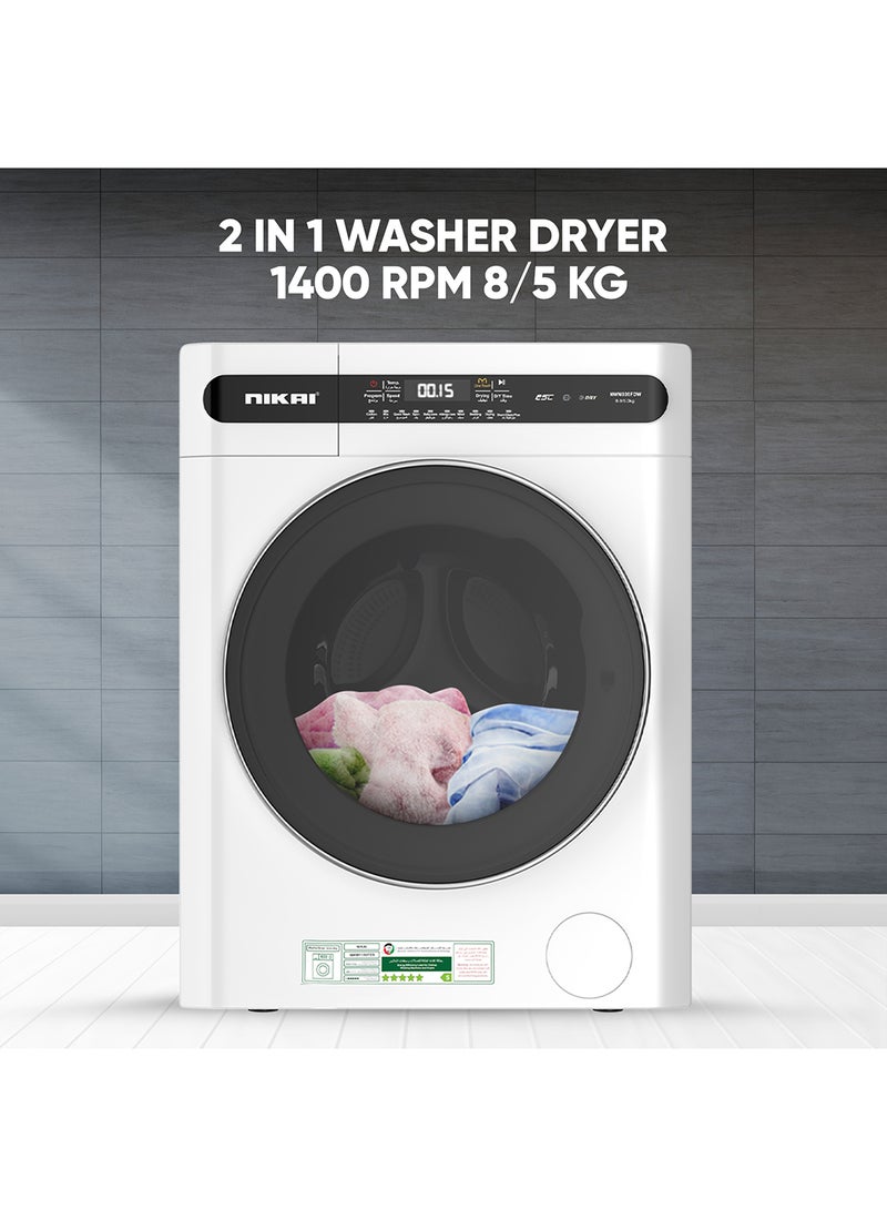 NIKAI 8/5 Premium Combo Washer Dryer With 18 Programs,Digital Panel Fully Automatic 8kg Washing Machine With 5KG 100% Dryer,  One Touch Washing Program, Child Safety Lock 8 kg 2000 W NWM805FDW White - Image 1