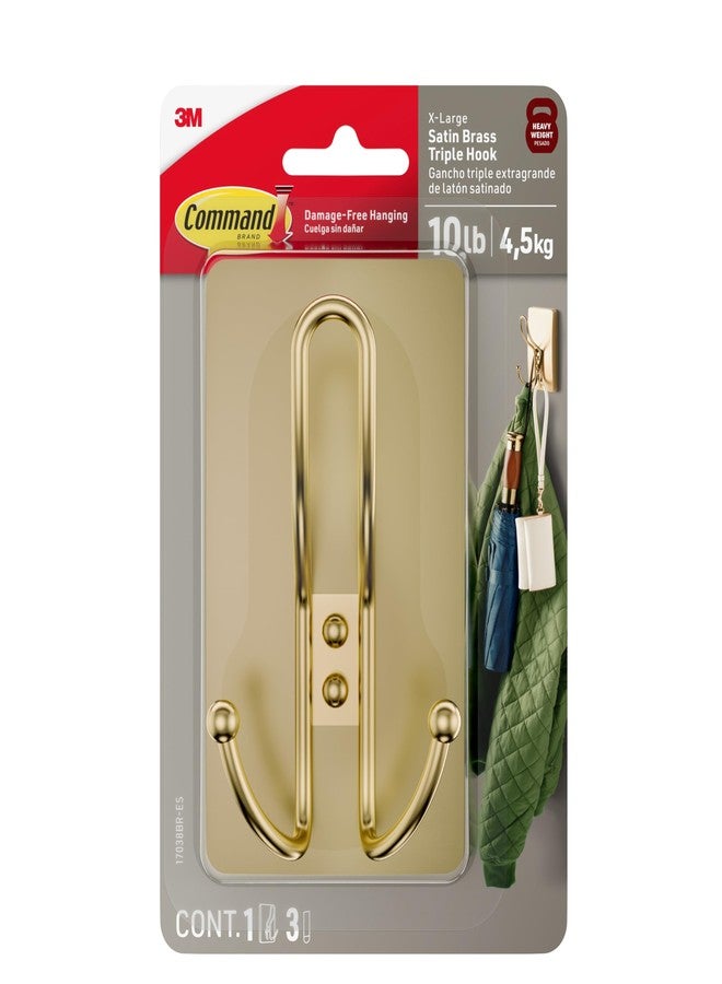 Command X-Large Satin Brass Triple Hook, 1 Hook, 3 Strips, Damage-Free Hanging Wall Hooks with Adhesive Strips, No Tools Wall Hooks for Hanging Decorations in Living Spaces - Image 1