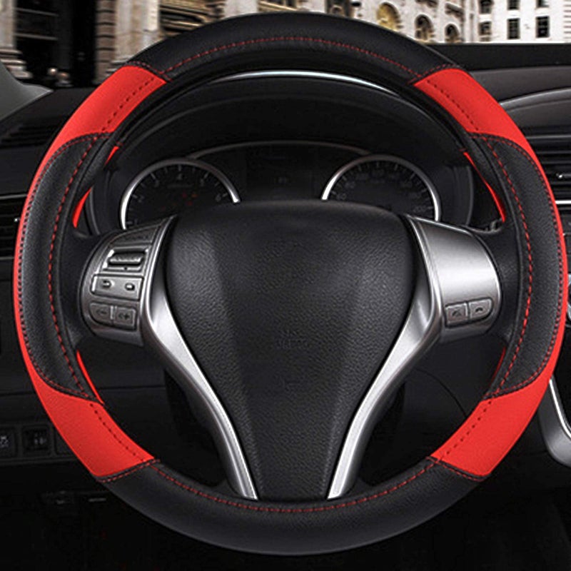 szttswamp Leather Car Steering Wheel Cover, Non-Slip Car Wheel Cover Protector Breathable Microfiber Leather Universal Fit for Most Cars (Black & Red) - Image 2