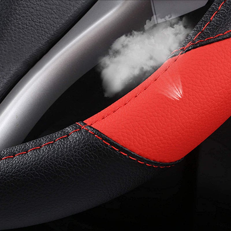 szttswamp Leather Car Steering Wheel Cover, Non-Slip Car Wheel Cover Protector Breathable Microfiber Leather Universal Fit for Most Cars (Black & Red) - Image 5