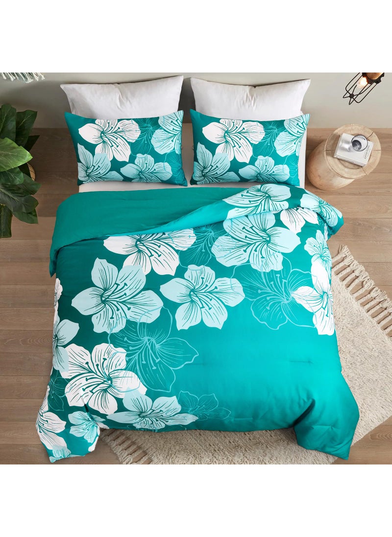 Menghomeus Menghomeus King Comforter Set Gradient Teal Bedding Floral Comforter Sets - Soft Microfiber Bed Comforter Set for All Season  3 Piece Botanical Flowers Comforter  Pillowcases  - Image 3
