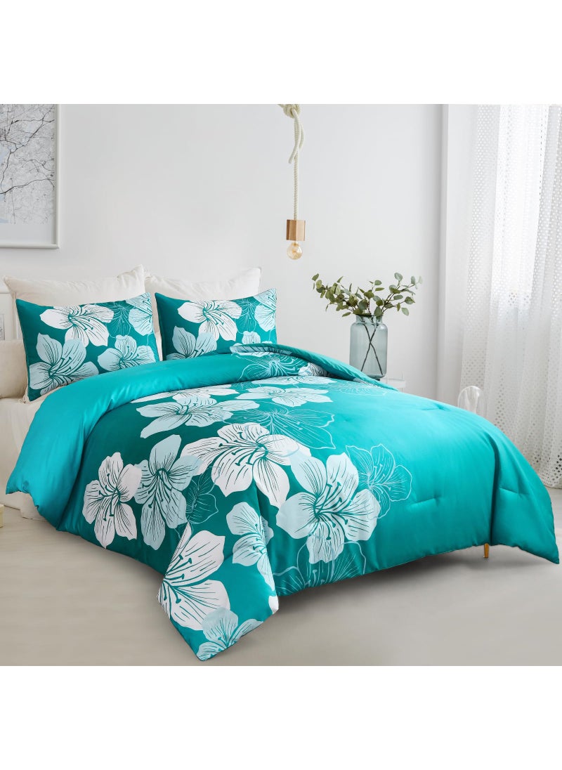 Menghomeus Menghomeus King Comforter Set Gradient Teal Bedding Floral Comforter Sets - Soft Microfiber Bed Comforter Set for All Season  3 Piece Botanical Flowers Comforter  Pillowcases  - Image 2