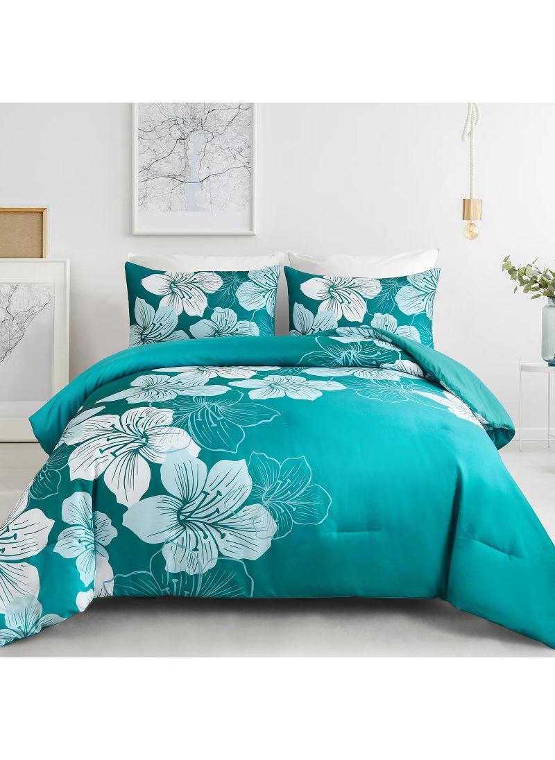 Menghomeus Menghomeus King Comforter Set Gradient Teal Bedding Floral Comforter Sets - Soft Microfiber Bed Comforter Set for All Season  3 Piece Botanical Flowers Comforter  Pillowcases  - Image 1