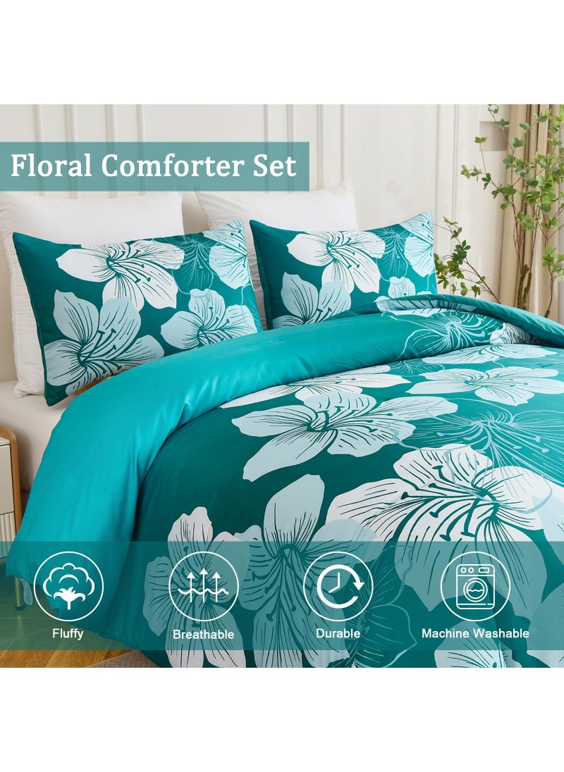 Menghomeus Menghomeus King Comforter Set Gradient Teal Bedding Floral Comforter Sets - Soft Microfiber Bed Comforter Set for All Season  3 Piece Botanical Flowers Comforter  Pillowcases  - Image 4