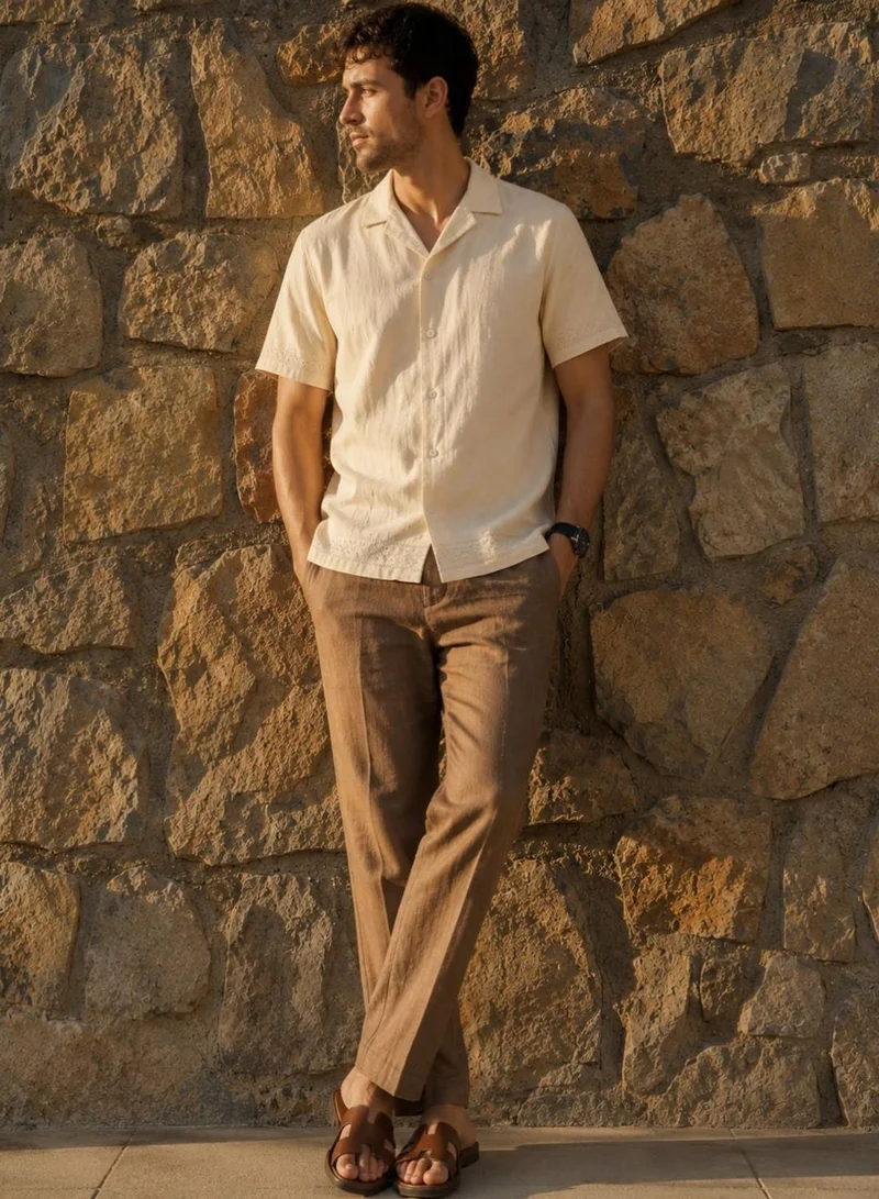 دينيس لينغو Men Beige Cotton Blend Solid Button Down Relaxed Shirt