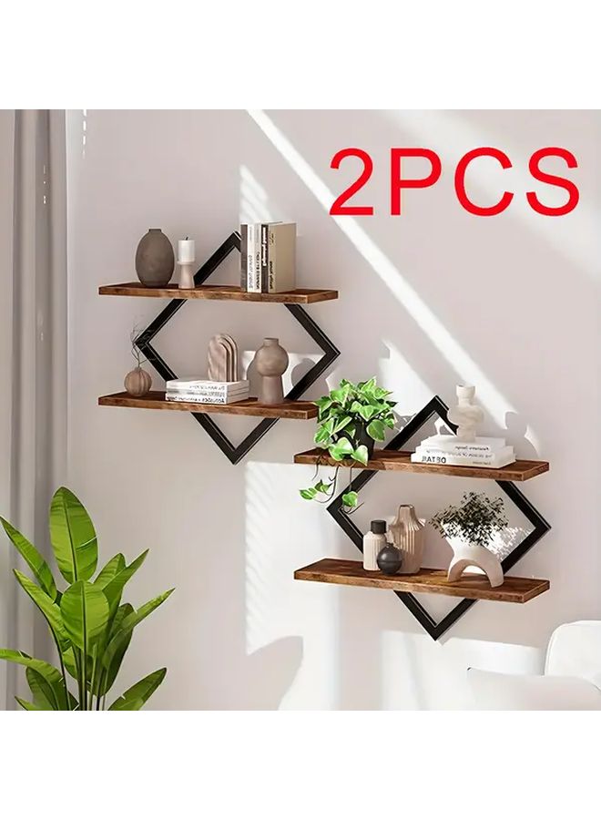 Double Layer Brown Rhombus Wall Mounted Floating Shelf Set Of 2 - Image 2