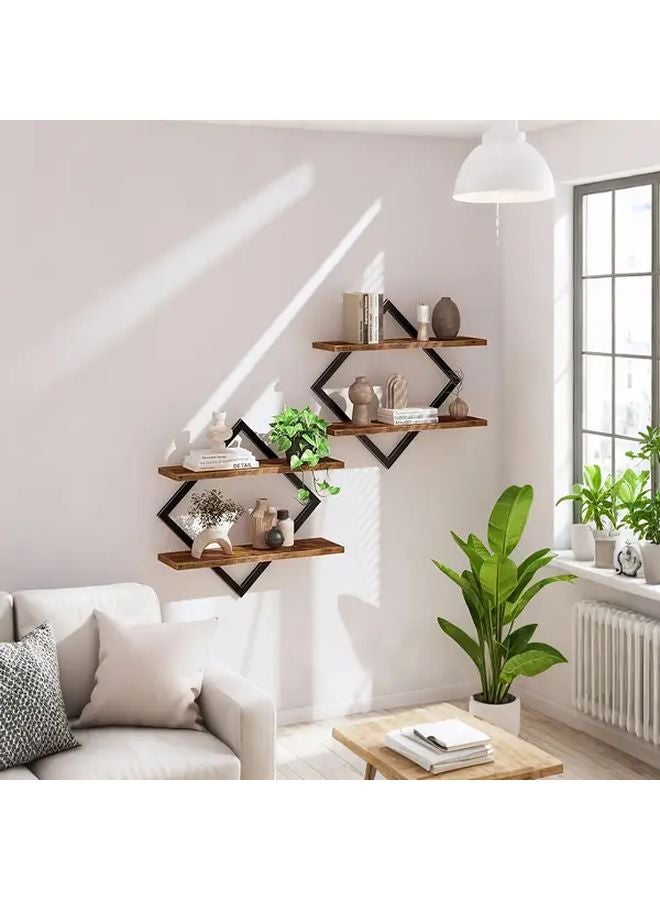 Double Layer Brown Rhombus Wall Mounted Floating Shelf Set Of 2 - Image 3