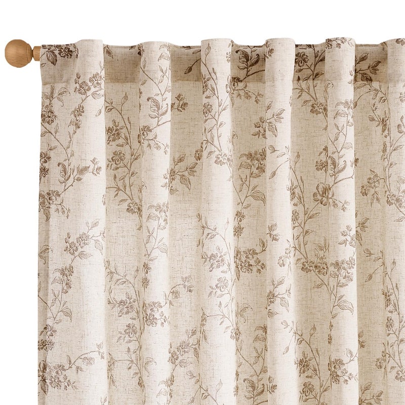 Lazzzy Taupe Floral Linen Curtains 84 Inch Farmhouse Curtain Back Tab Drapes for Living Room Bedroom Light Filtering Vintage Rod Pocket Curtains for Home, 2 Panels, Taupe on Beige - Image 1