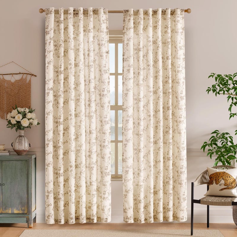 Lazzzy Taupe Floral Linen Curtains 84 Inch Farmhouse Curtain Back Tab Drapes for Living Room Bedroom Light Filtering Vintage Rod Pocket Curtains for Home, 2 Panels, Taupe on Beige - Image 2