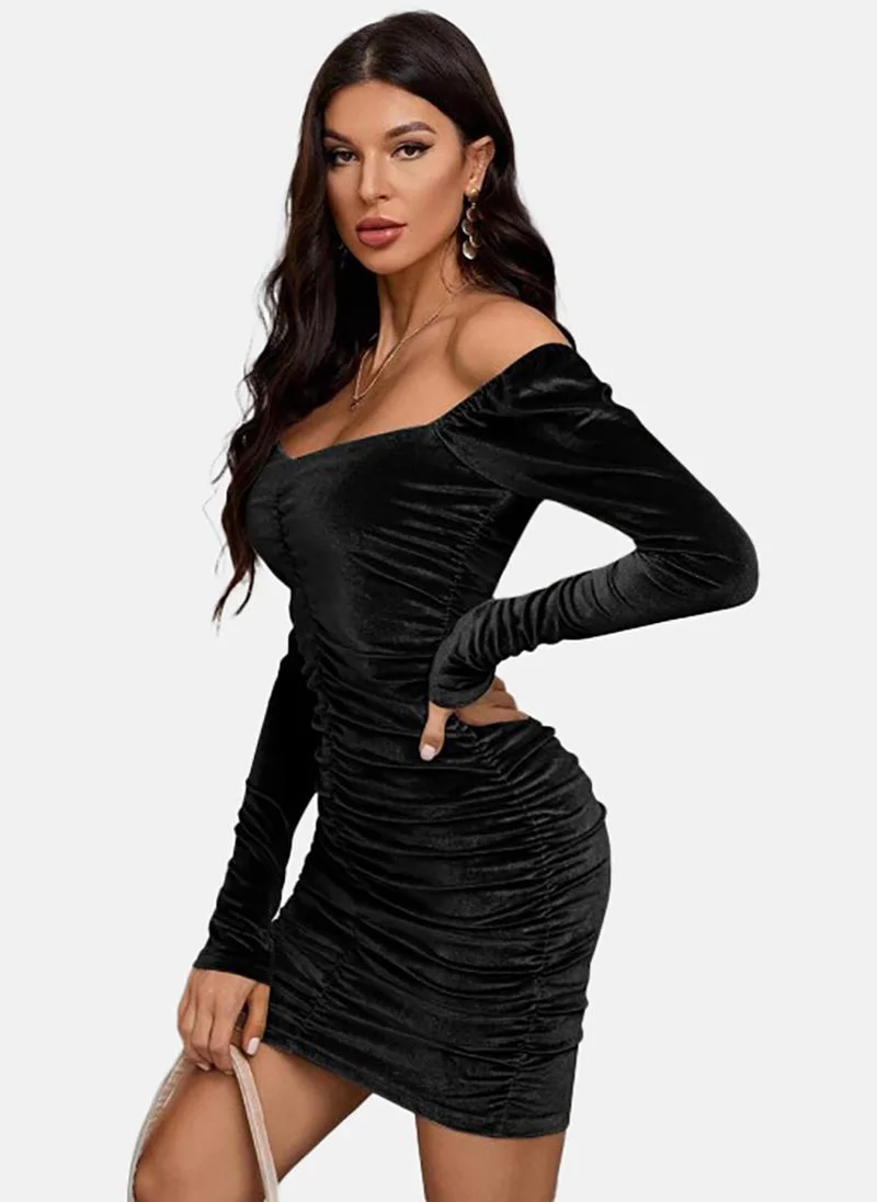 YUNIQEE Black Solid Long Sleeve Off-shoulder Mini Bodycon Dress