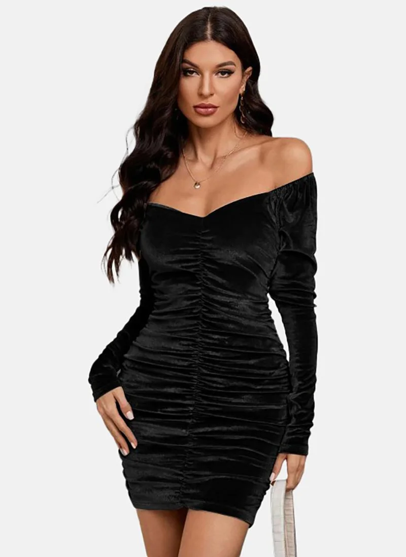 YUNIQEE Black Solid Long Sleeve Off-shoulder Mini Bodycon Dress