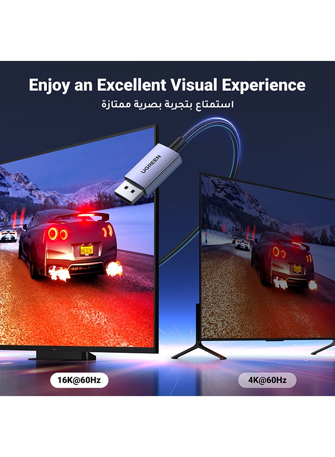 يو جرين كيبل منفذ عرض الترا اتش دي 16K 2.0 2  متر، DP 2.0 80Gbps، 16K@60Hz،8K@120Hz،4K@240Hz/144Hz/165Hz للالعاب، كيبل DP مضفر HDR، ARC، G-Sync، حر مزامنة لشاشة الالعاب والكمبيوتر وبطاقة الرسومات، DP 16K 2 متر أسود - Image 3