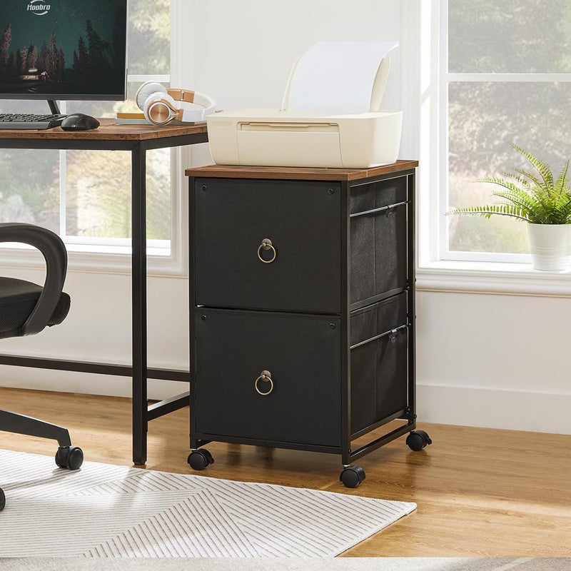 HOOBRO 2-Drawer Mobile File Cabinet, Vertical Filing Cabinet for Home Office, Rolling Printer Stand, A4/Letter-Sized, Nonwovens Drawer, Black and Rustic Brown EBFK20WJ01 - Image 2