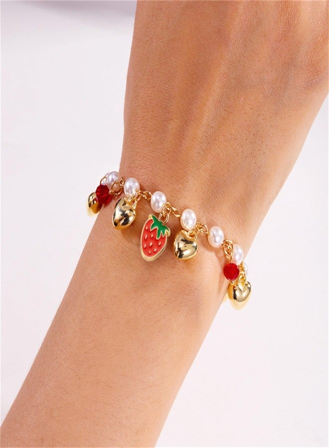 RLHRNDE Strawberry Lover Bracelet for Women Cute Red Strawberry Cherry Pearl Bracelet Sweet Fresh Tropical Fruit Bracelets Christmas Holiday Jewelry Gifts (Strawberry) - Image 2