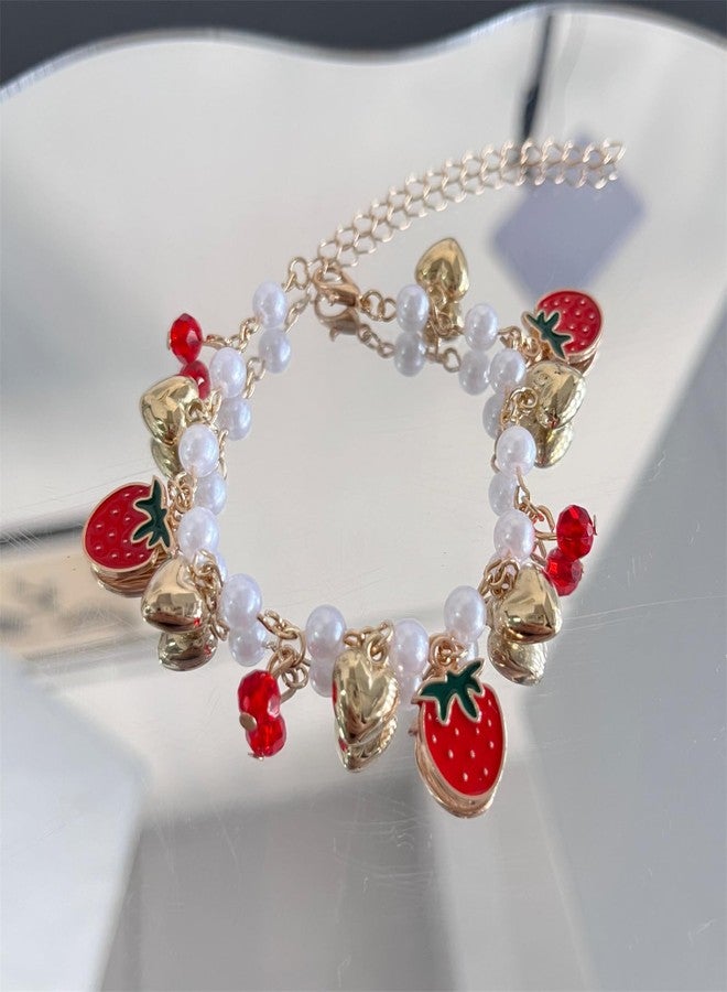 RLHRNDE Strawberry Lover Bracelet for Women Cute Red Strawberry Cherry Pearl Bracelet Sweet Fresh Tropical Fruit Bracelets Christmas Holiday Jewelry Gifts (Strawberry) - Image 4